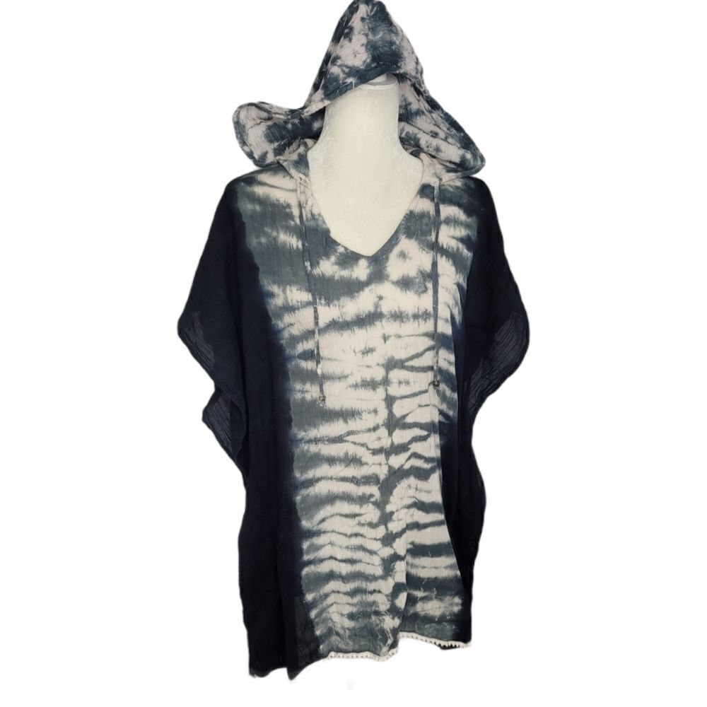 TIARE HAWAII cover-up tie dye black rayon hooded‎ tunic top dress M